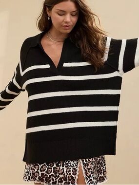 aerie Black and White Striped V-Neck Polo Sweater
